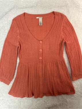 Donna Karin DKNY Coral Openwork Knit 3-Button Cotton, Rayon Lightweight Sweater